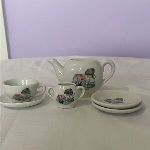 Charming White Tea Set with Child Illustration